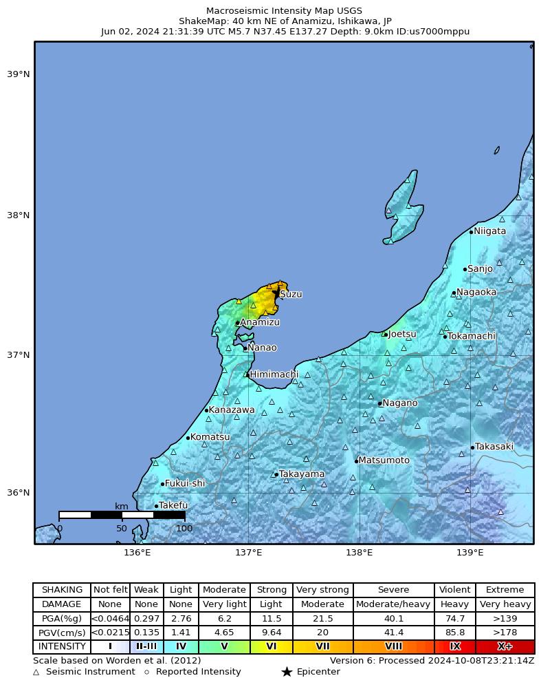USGS ShakeMap intensity contours for the M5.7 earthquake near 40 km NE of Anamizu, Japan