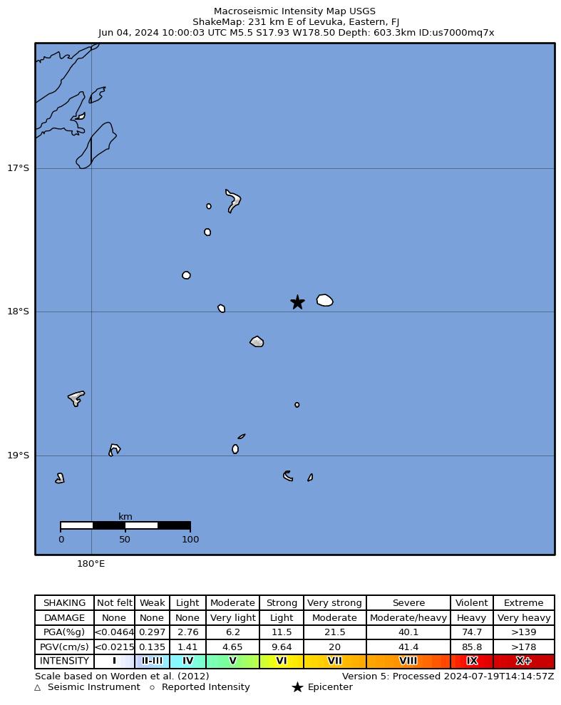 USGS ShakeMap intensity contours for the M5.5 earthquake near 231 km E of Levuka, Fiji