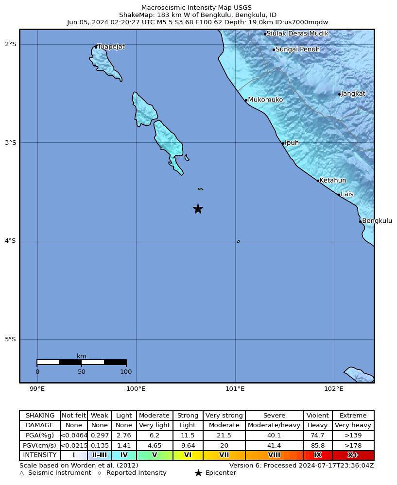 USGS ShakeMap intensity contours for the M5.5 earthquake near 183 km W of Bengkulu, Indonesia