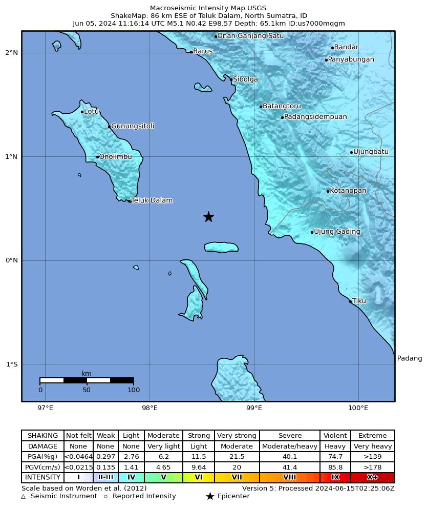 USGS ShakeMap intensity contours for the M5.1 earthquake near 86 km ESE of Teluk Dalam, Indonesia