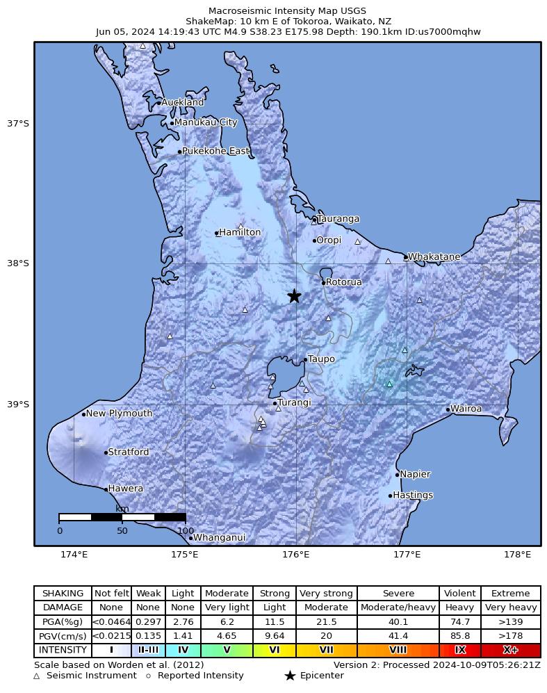 USGS ShakeMap intensity contours for the M4.9 earthquake near 10 km E of Tokoroa, New Zealand