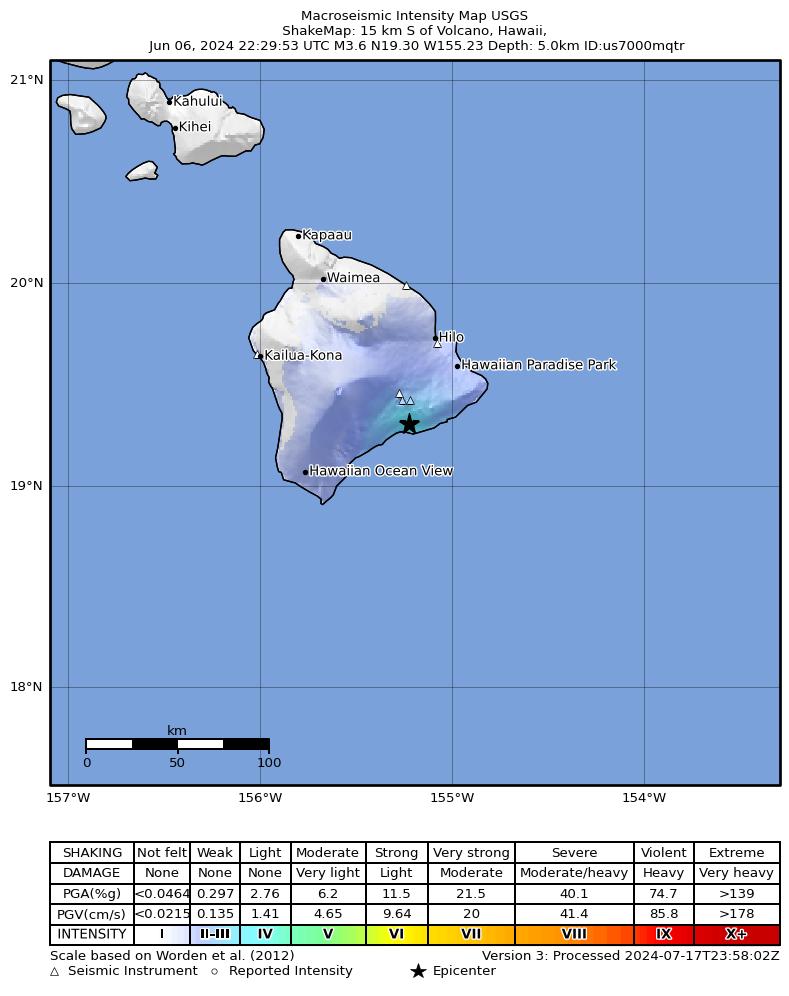 USGS ShakeMap intensity contours for the M3.4 earthquake near 14 km S of Volcano, Hawaii