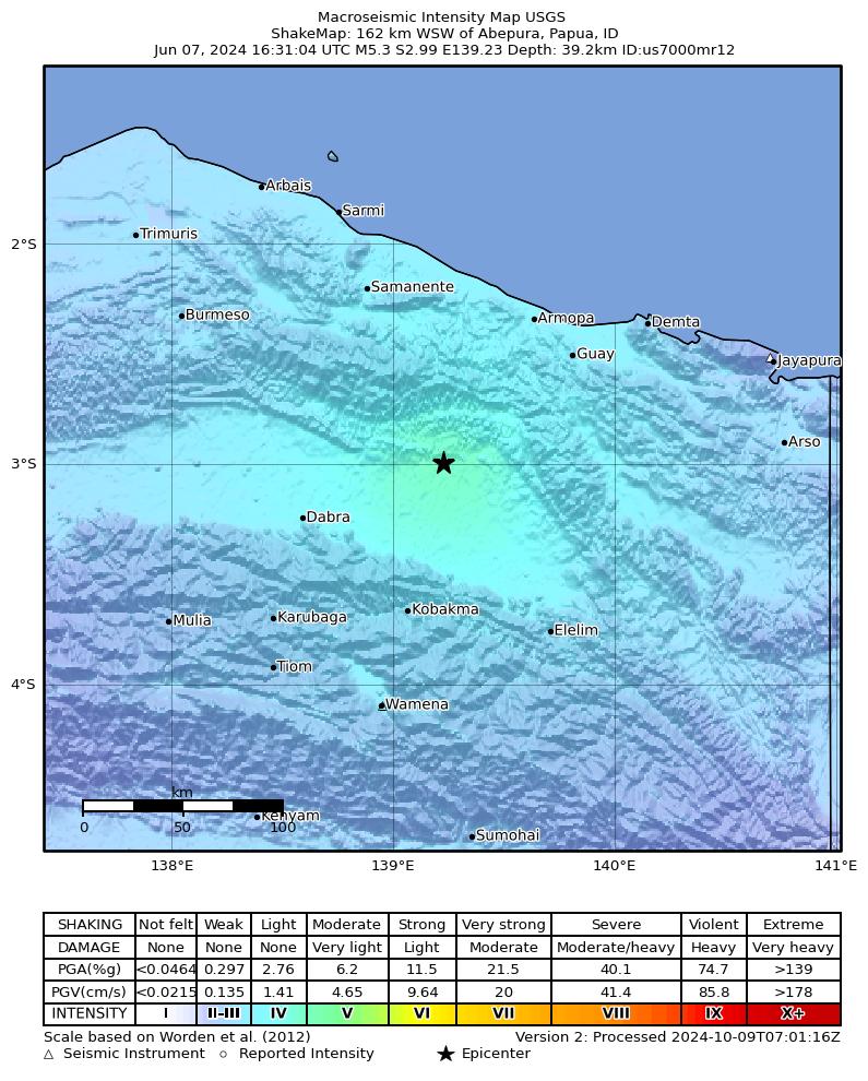 USGS ShakeMap intensity contours for the M5.3 earthquake near 162 km WSW of Abepura, Indonesia