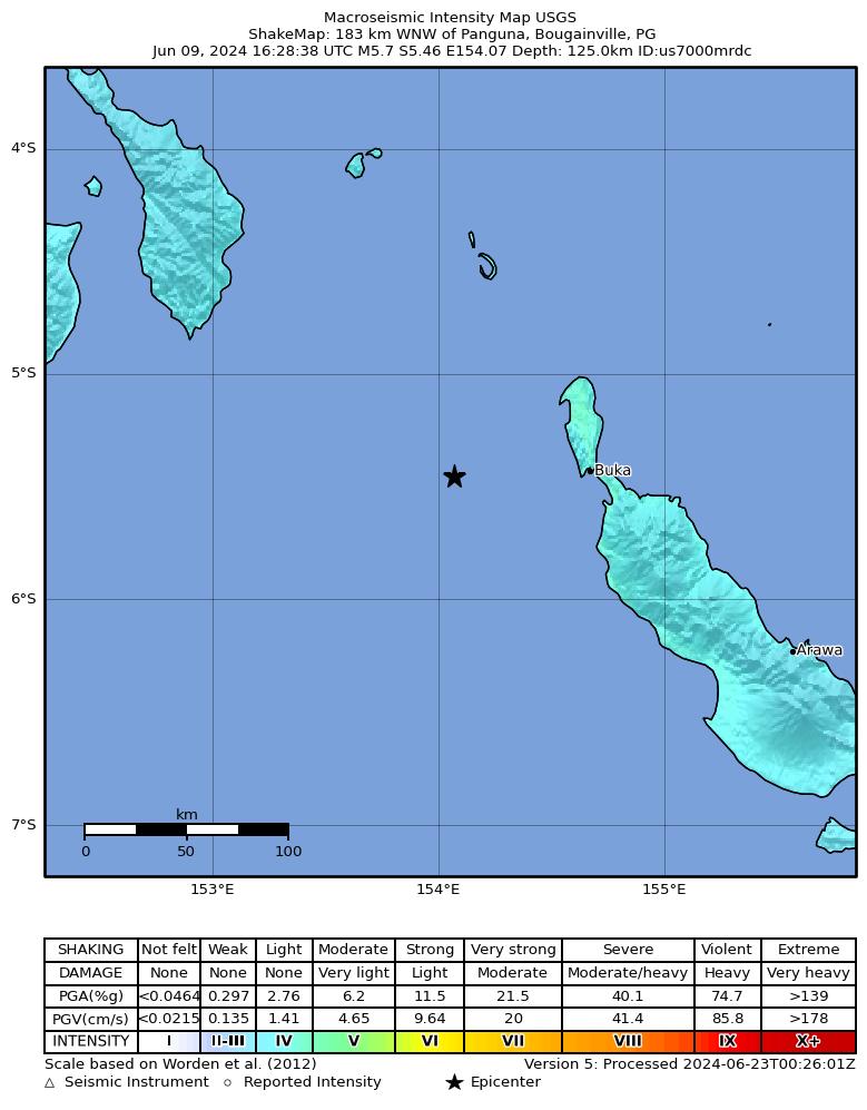 USGS ShakeMap intensity contours for the M5.7 earthquake near 183 km WNW of Panguna, Papua New Guinea