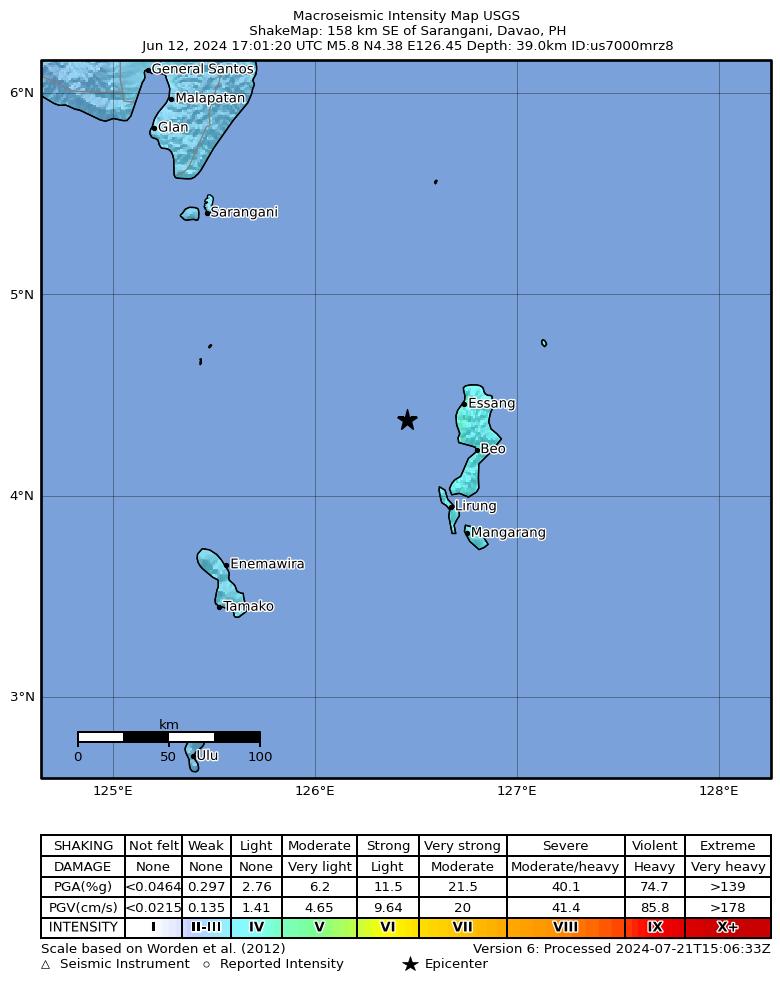USGS ShakeMap intensity contours for the M5.8 earthquake near 158 km SE of Sarangani, Philippines