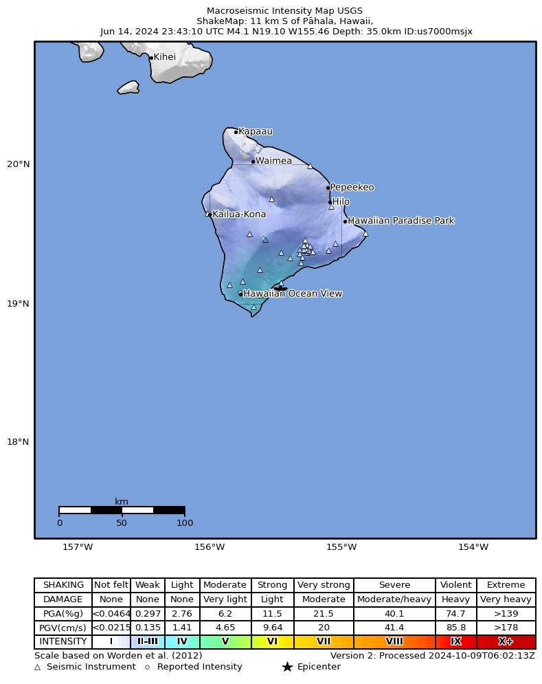 USGS ShakeMap intensity contours for the M4.1 earthquake near 15 km ESE of Naalehu, Hawaii