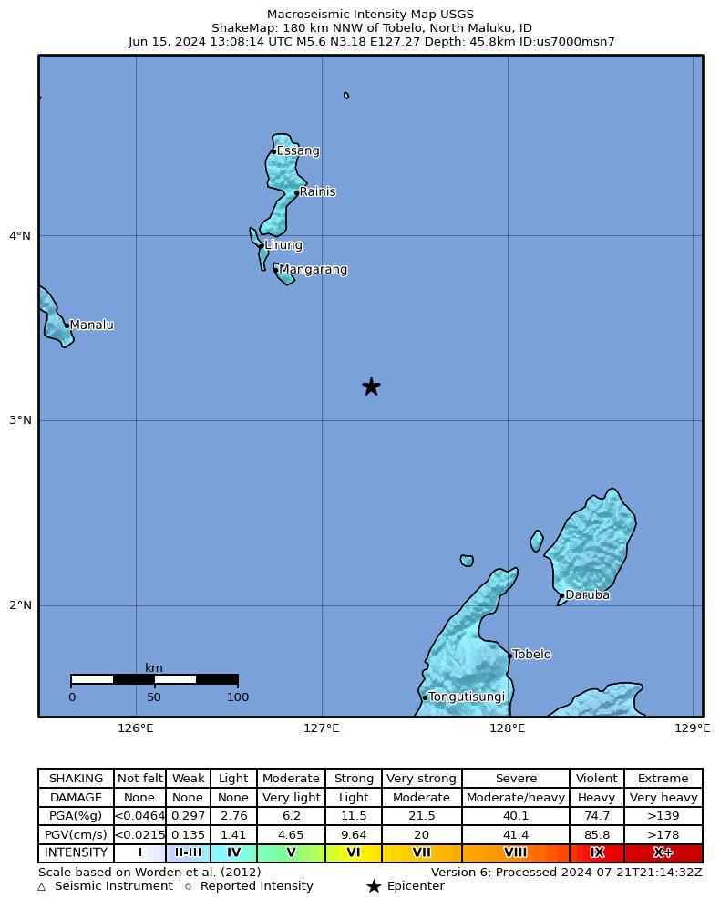 USGS ShakeMap intensity contours for the M5.6 earthquake near 180 km NNW of Tobelo, Indonesia