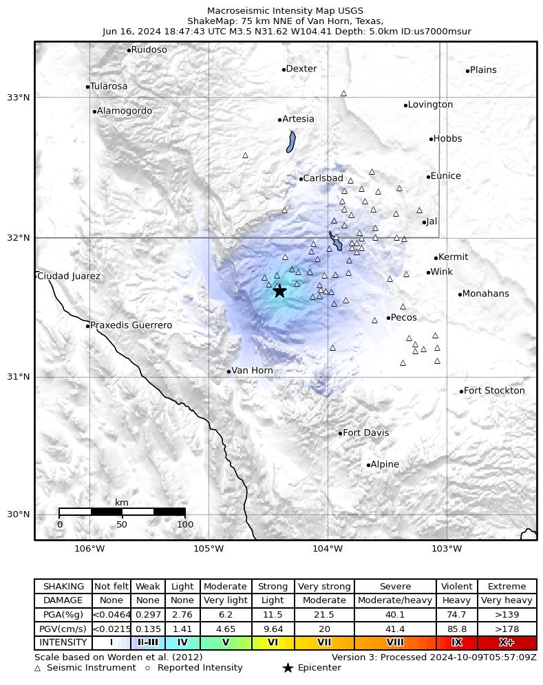 USGS ShakeMap intensity contours for the M3.7 earthquake near 54 km S of Whites City, New Mexico