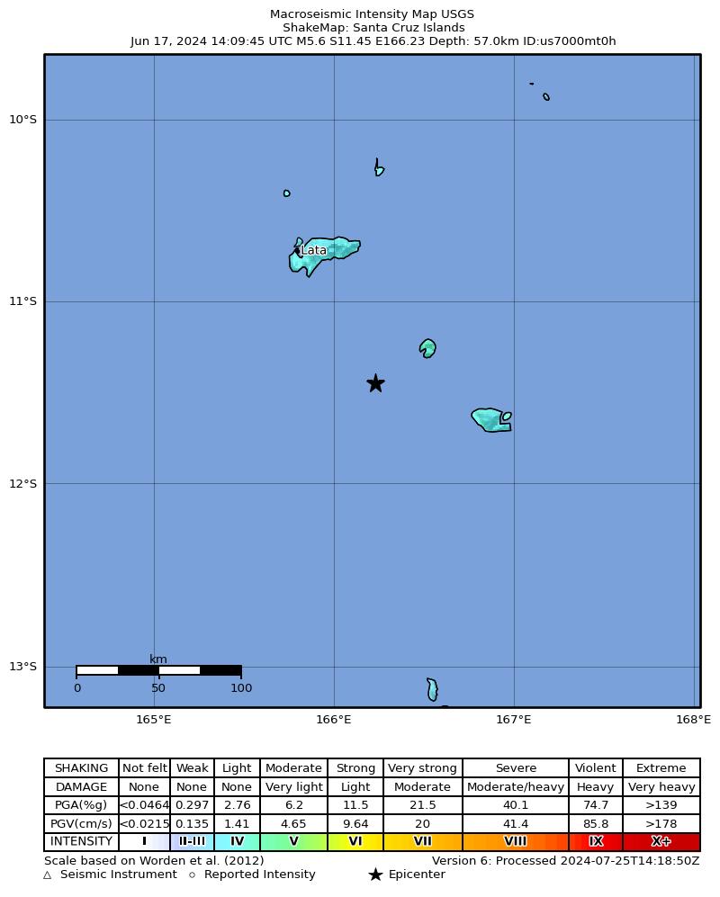 USGS ShakeMap intensity contours for the M5.6 earthquake near 93 km SSE of Lata, Solomon Islands