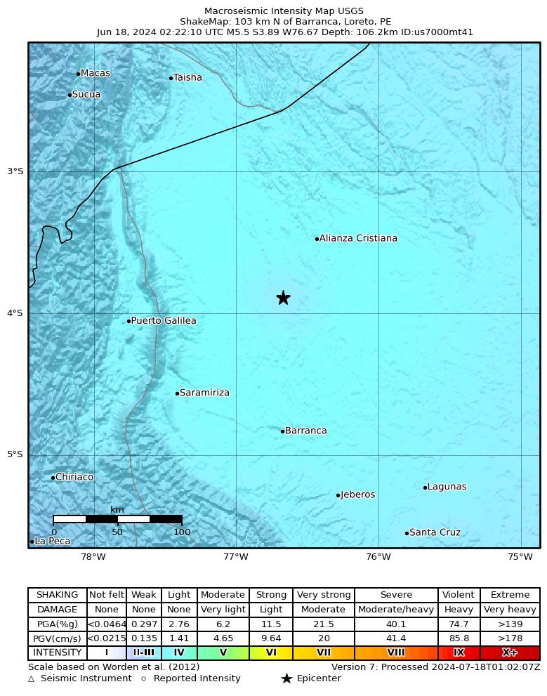 USGS ShakeMap intensity contours for the M5.5 earthquake near 53 km SSW of Alianza Cristiana, Peru