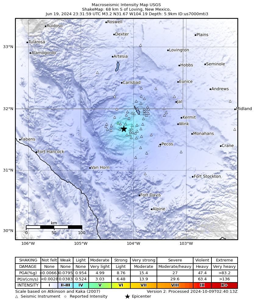 USGS ShakeMap intensity contours for the M3.4 earthquake near 54 km NW of Toyah, Texas