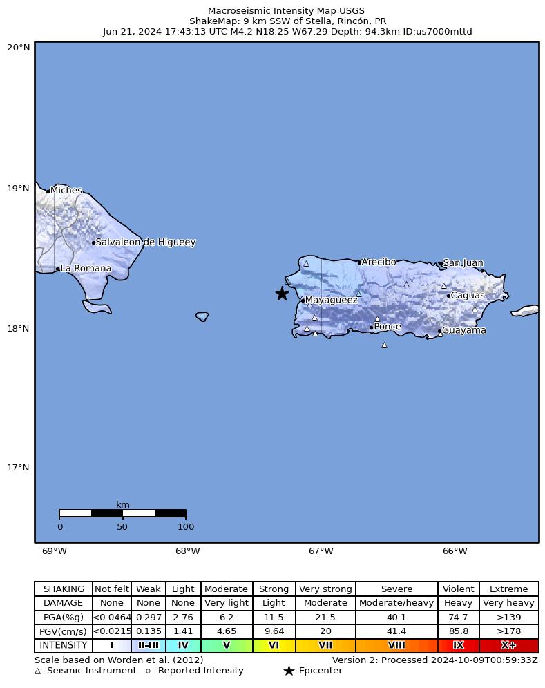 USGS ShakeMap intensity contours for the M3.8 earthquake near 9 km SW of Stella, Puerto Rico