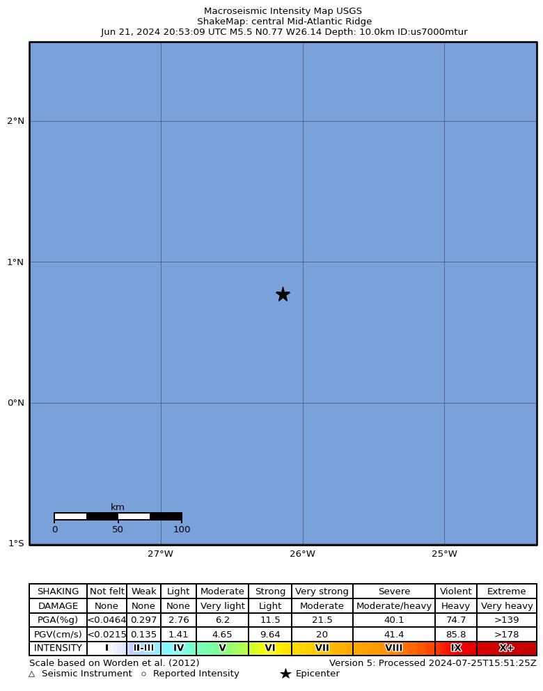 USGS ShakeMap intensity contours for the M5.5 earthquake near central Mid-Atlantic Ridge