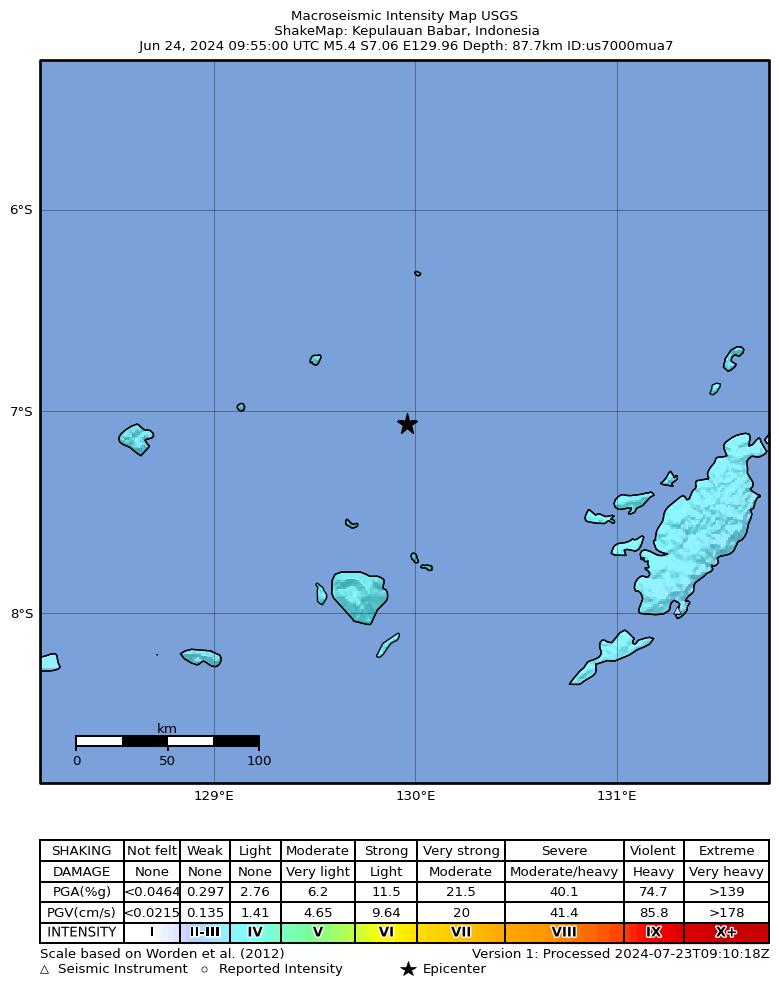 USGS ShakeMap intensity contours for the M5.4 earthquake near Kepulauan Babar, Indonesia