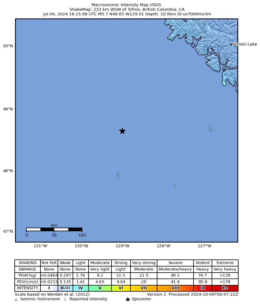 USGS ShakeMap intensity contours for the M5.7 earthquake near 233 km WSW of Tofino, Canada
