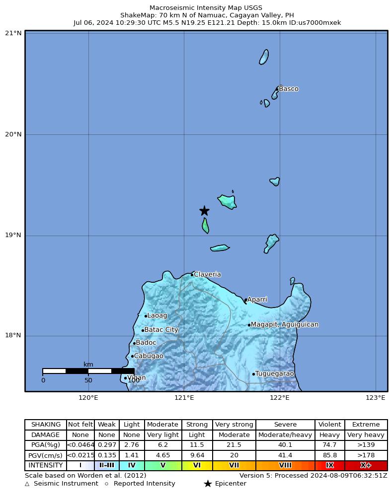 USGS ShakeMap intensity contours for the M5.5 earthquake near 70 km N of Namuac, Philippines