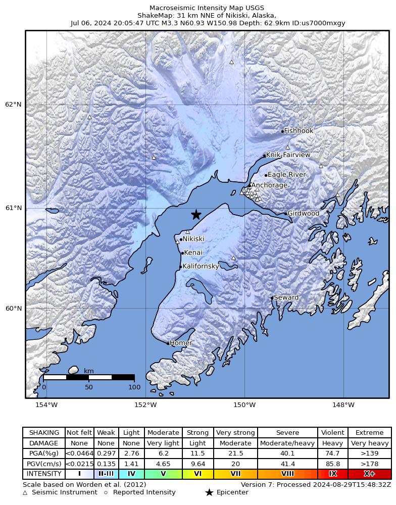 USGS ShakeMap intensity contours for the M3.1 earthquake near 12 km WNW of Point Possession, Alaska