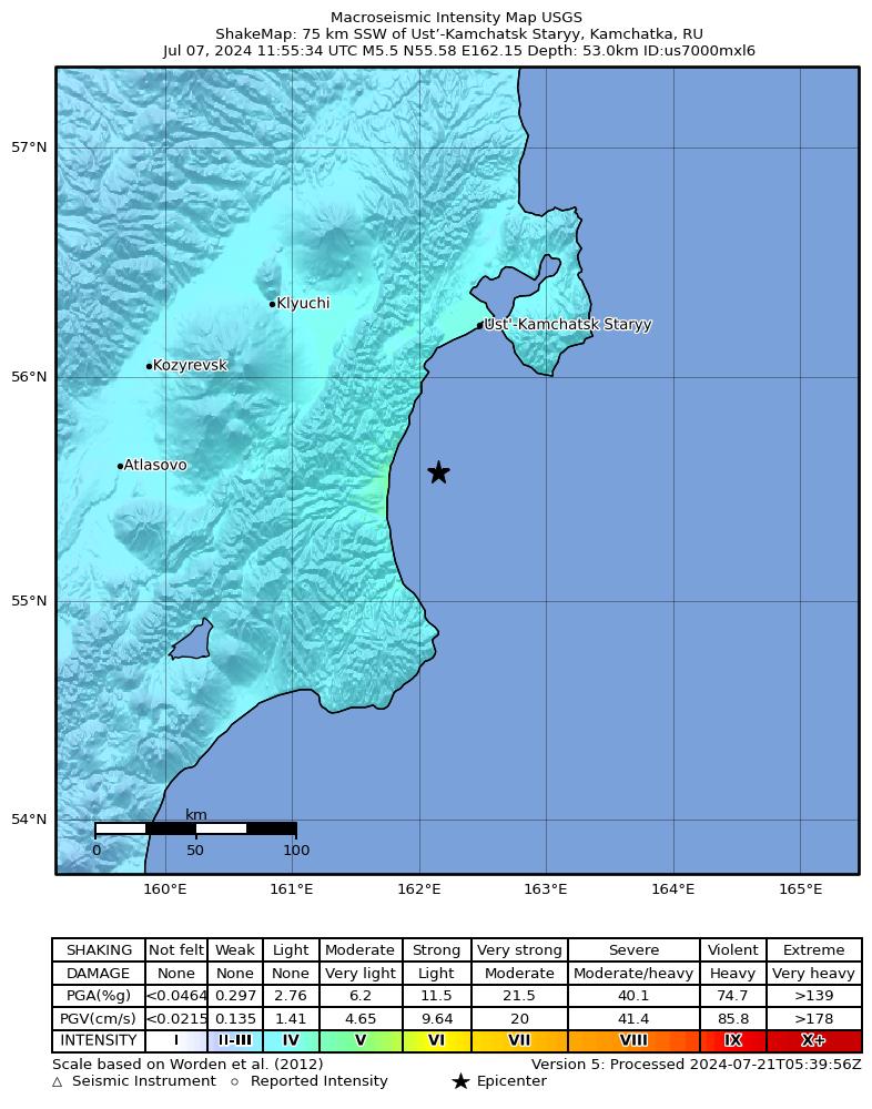 USGS ShakeMap intensity contours for the M5.5 earthquake near 75 km SSW of Ust’-Kamchatsk Staryy, Russia