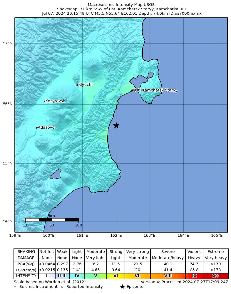 USGS ShakeMap intensity contours for the M5.5 earthquake near 71 km SSW of Ust’-Kamchatsk Staryy, Russia
