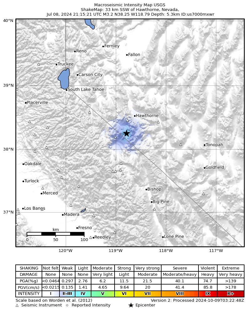 USGS ShakeMap intensity contours for the M3.2 earthquake near 33 km SSW of Hawthorne, Nevada