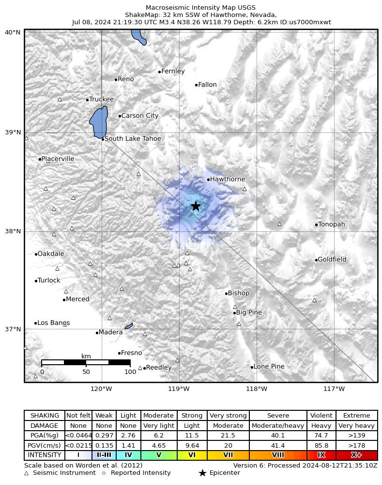 USGS ShakeMap: estimated shaking intensity around the epicenter