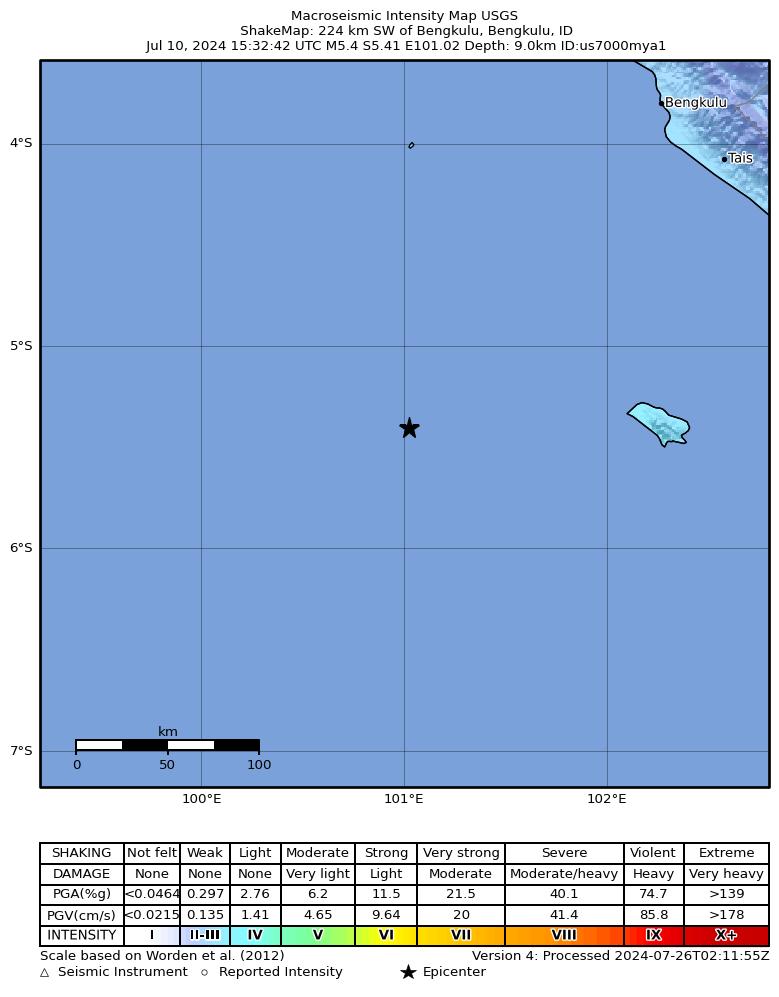 USGS ShakeMap intensity contours for the M5.4 earthquake near 224 km SW of Bengkulu, Indonesia