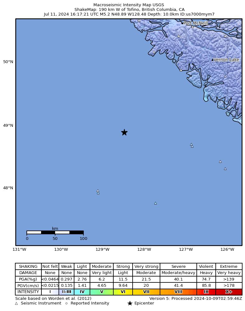 USGS ShakeMap intensity contours for the M5.2 earthquake near 190 km W of Tofino, Canada