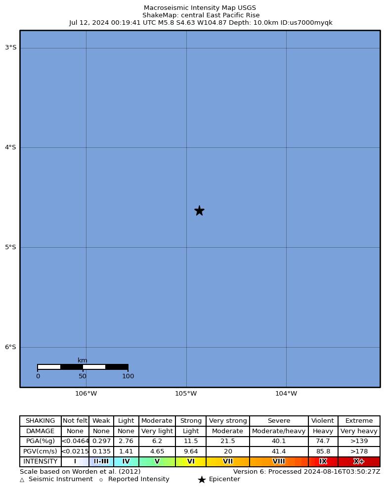 USGS ShakeMap intensity contours for the M5.8 earthquake near central East Pacific Rise