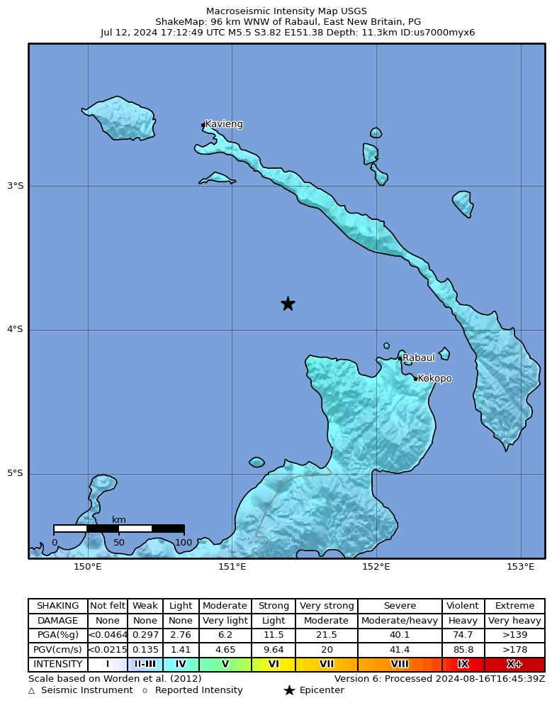 USGS ShakeMap intensity contours for the M5.5 earthquake near 96 km WNW of Rabaul, Papua New Guinea