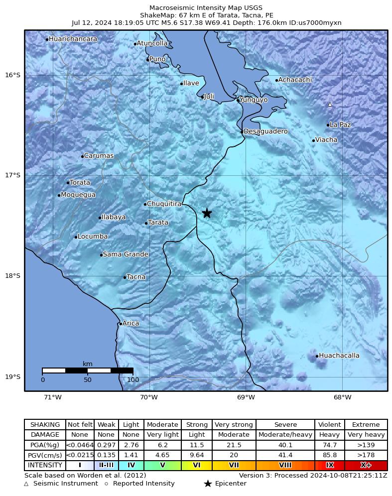 USGS ShakeMap intensity contours for the M5.6 earthquake near 67 km E of Tarata, Peru