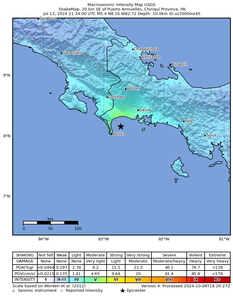 USGS ShakeMap intensity contours for the M5.4 earthquake near 17 km ENE of Limones, Panama