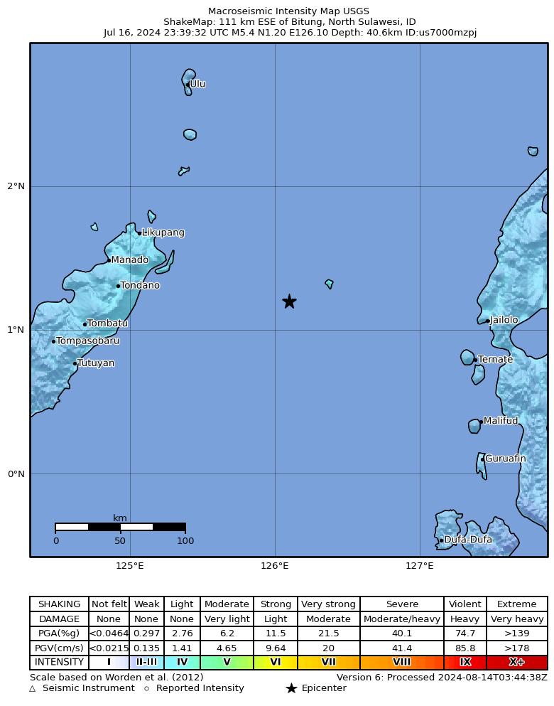 USGS ShakeMap intensity contours for the M5.3 earthquake near 113 km ESE of Bitung, Indonesia