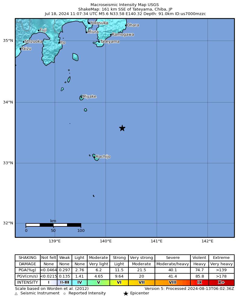 USGS ShakeMap intensity contours for the M5.6 earthquake near 161 km SSE of Tateyama, Japan