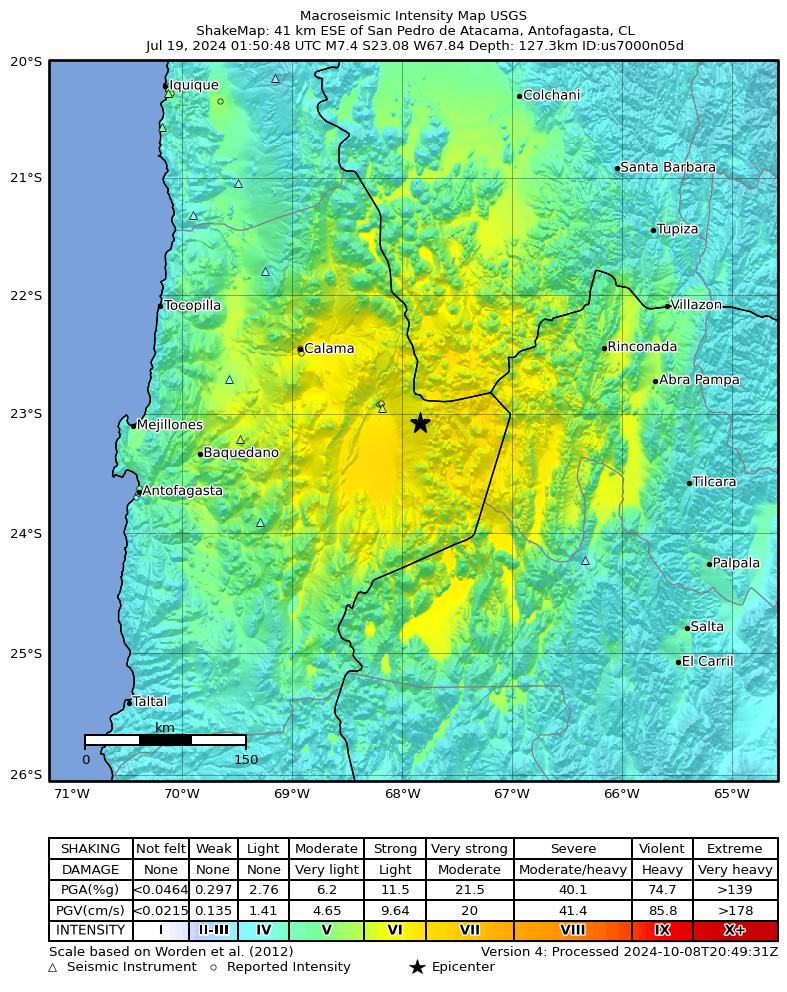 USGS ShakeMap intensity contours for the M7.4 earthquake near 41 km ESE of San Pedro de Atacama, Chile