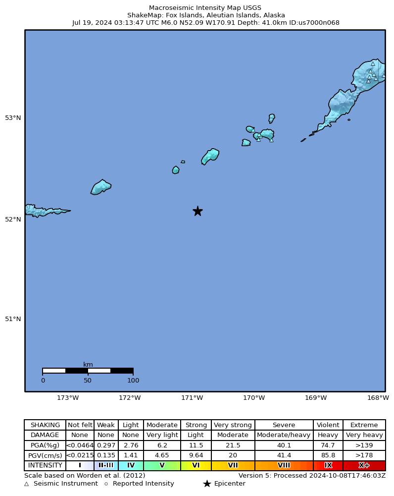 USGS ShakeMap intensity contours for the M6.0 earthquake near 168 km SW of Nikolski, Alaska