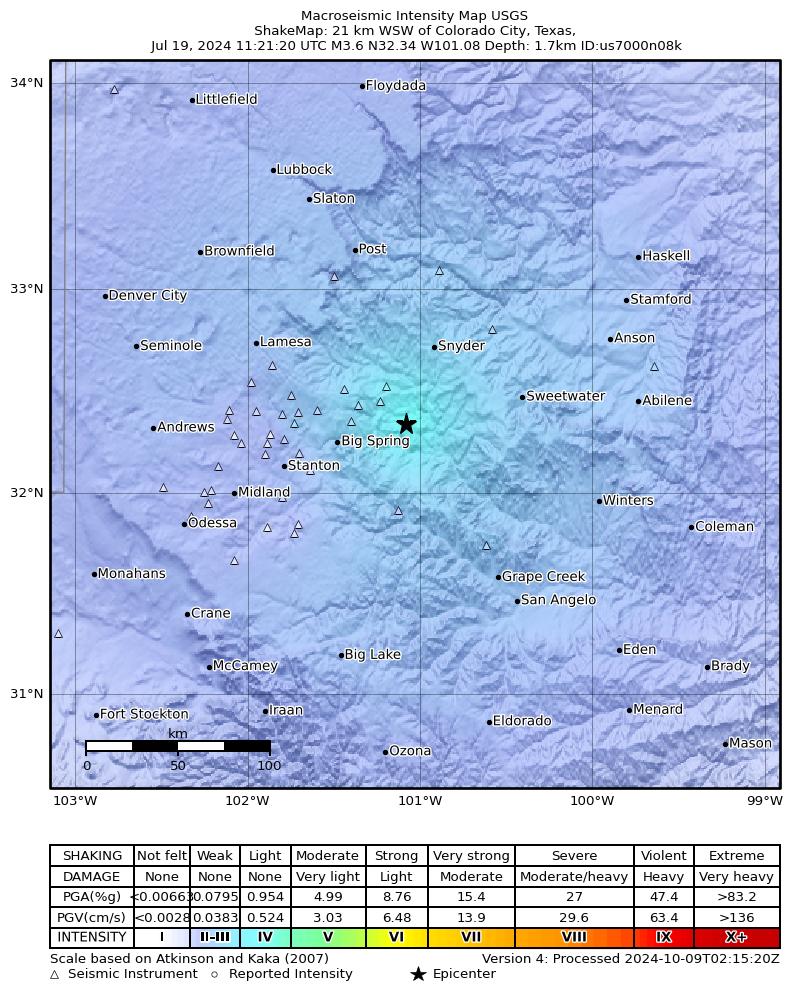 USGS ShakeMap: estimated shaking intensity around the epicenter