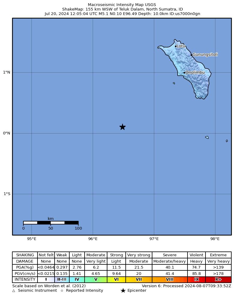 USGS ShakeMap intensity contours for the M5.1 earthquake near 155 km WSW of Teluk Dalam, Indonesia