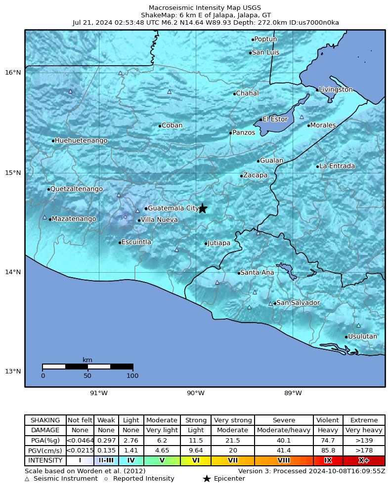 USGS ShakeMap intensity contours for the M6.2 earthquake near 6 km E of Jalapa, Guatemala