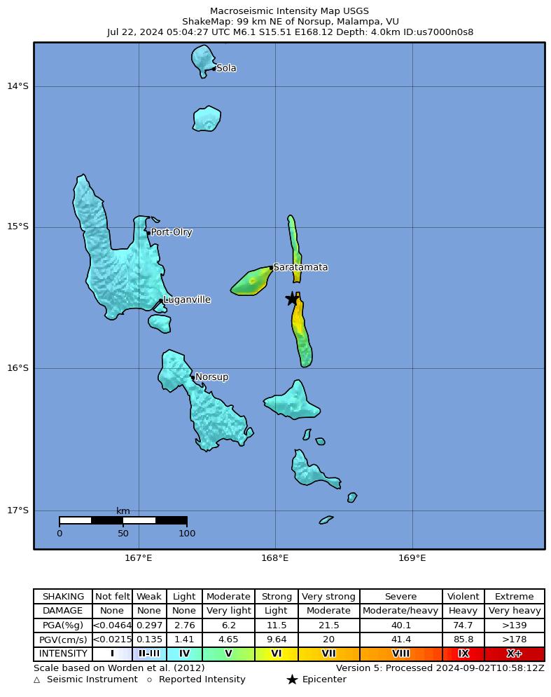 USGS ShakeMap intensity contours for the M6.1 earthquake near 99 km NE of Norsup, Vanuatu