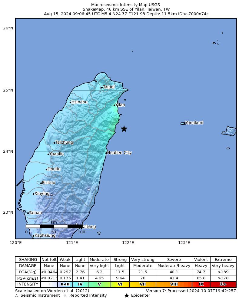 USGS ShakeMap intensity contours for the M5.4 earthquake near 46 km SSE of Yilan, Taiwan