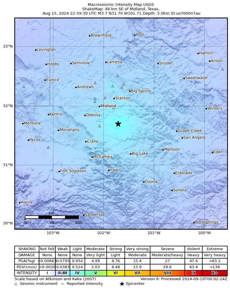 USGS ShakeMap intensity contours for the M3.8 earthquake near 28 km SW of Garden City, Texas
