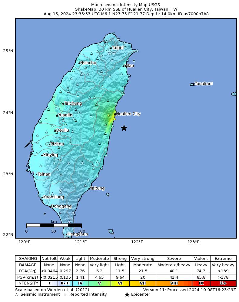 USGS ShakeMap intensity contours for the M6.1 earthquake near 30 km SSE of Hualien City, Taiwan