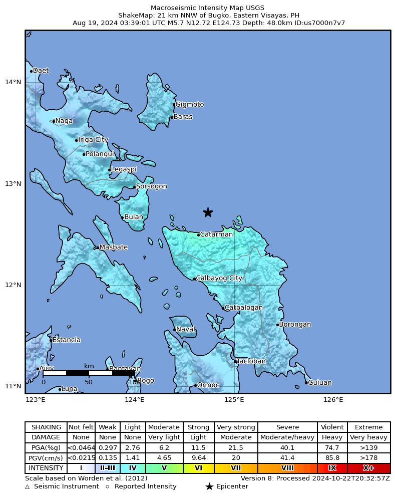 USGS ShakeMap intensity contours for the M5.7 earthquake near 21 km NNW of Bugko, Philippines