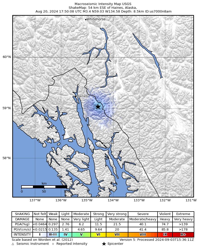 USGS ShakeMap intensity contours for the M3.3 earthquake near 48 km ESE of Mud Bay, Alaska