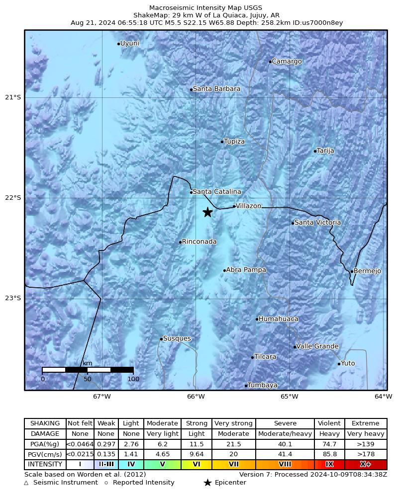 USGS ShakeMap intensity contours for the M5.5 earthquake near 29 km W of La Quiaca, Argentina