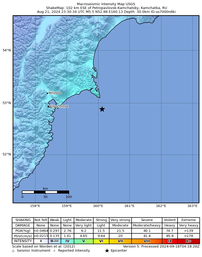 USGS ShakeMap intensity contours for the M5.5 earthquake near 102 km ESE of Petropavlovsk-Kamchatsky, Russia