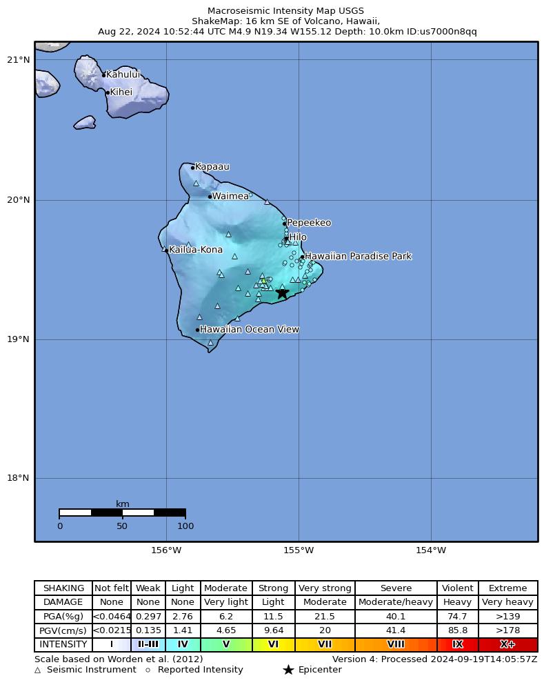 USGS ShakeMap intensity contours for the M4.7 earthquake near 15 km S of Fern Forest, Hawaii