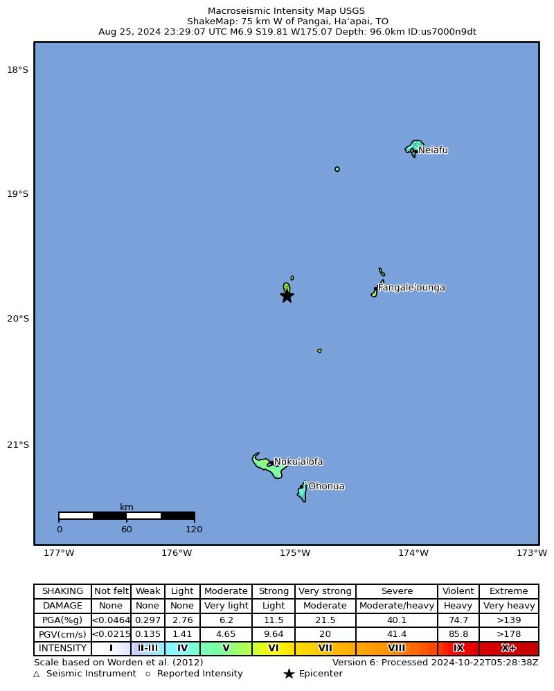 USGS ShakeMap intensity contours for the M6.9 earthquake near 75 km W of Pangai, Tonga