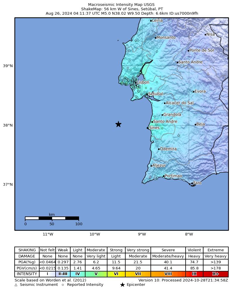 USGS ShakeMap intensity contours for the M5.0 earthquake near 56 km W of Sines, Portugal