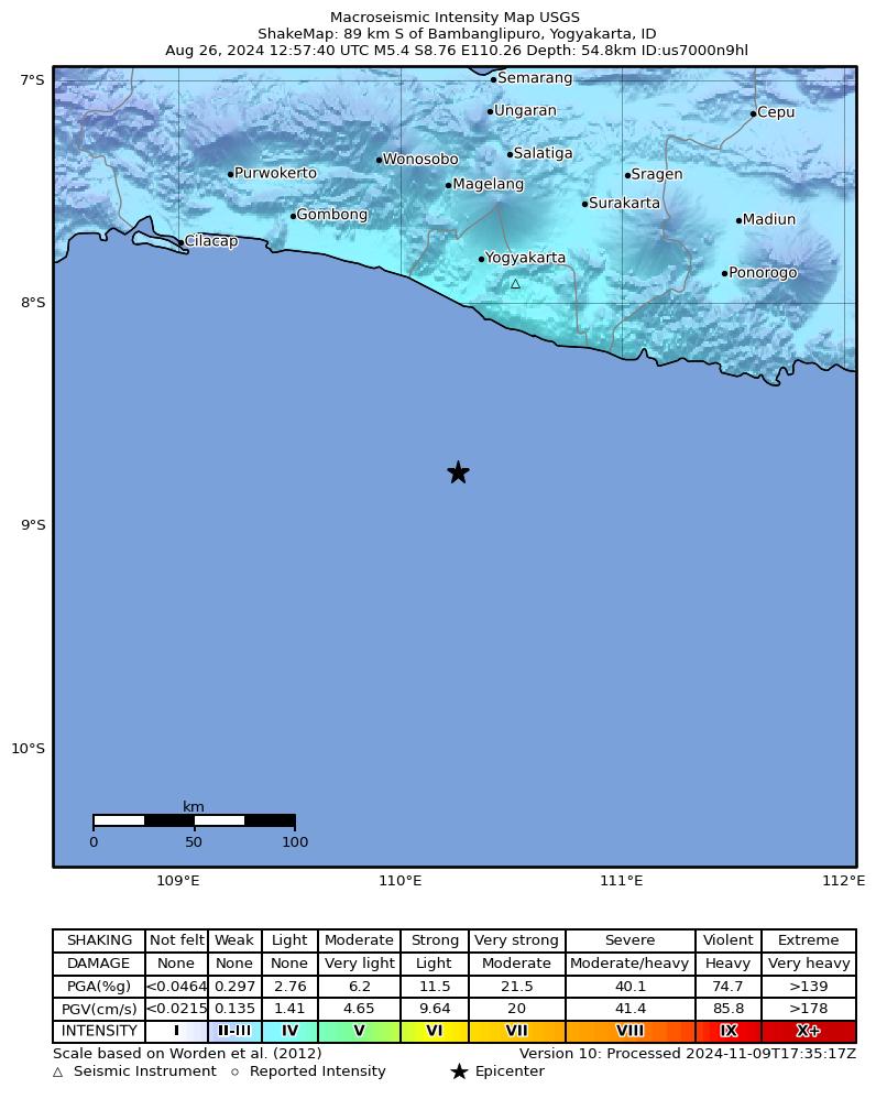 USGS ShakeMap intensity contours for the M5.4 earthquake near 89 km S of Bambanglipuro, Indonesia